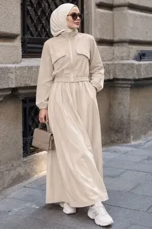 Zip-Up Beige Modal Modest Skirt Set 1366BEJ 