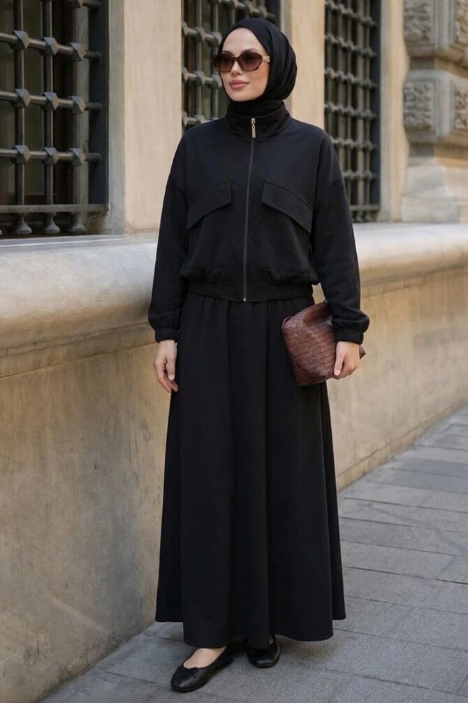 Zip-Up Black Modal Modest Skirt Set 1366S - 1