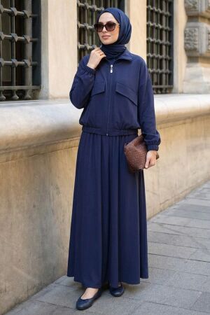 Zip-Up Navy Modal Modest Skirt Set 1366L 