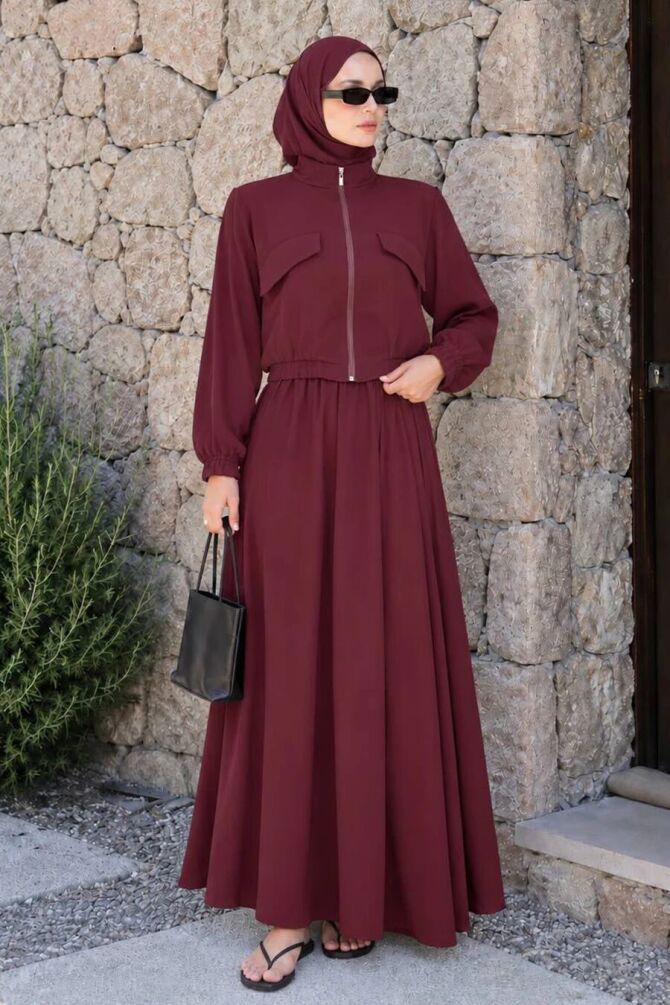 Zip-Up Plum Modal Modest Skirt Set 1366MU - 1
