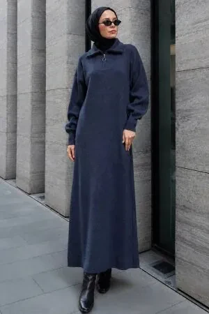 Zipper Collared Plain Anthracite Modest Knit Dress 30071ANT - 1