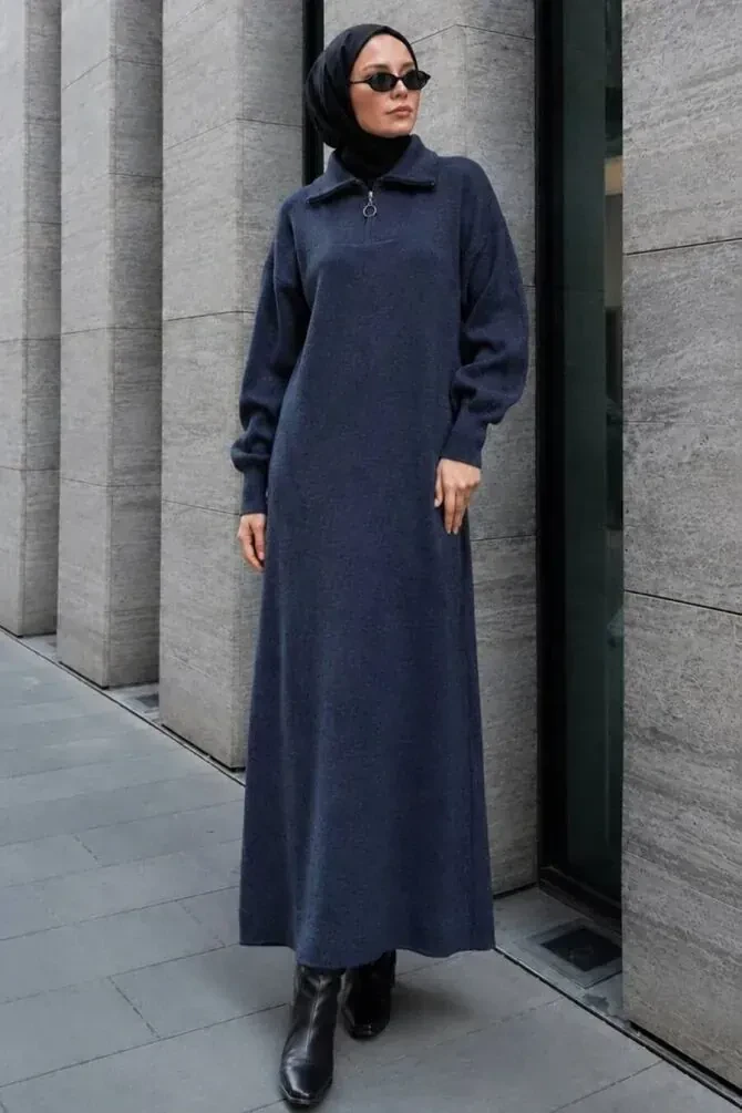 Zipper Collared Plain Anthracite Modest Knit Dress 30071ANT - 1