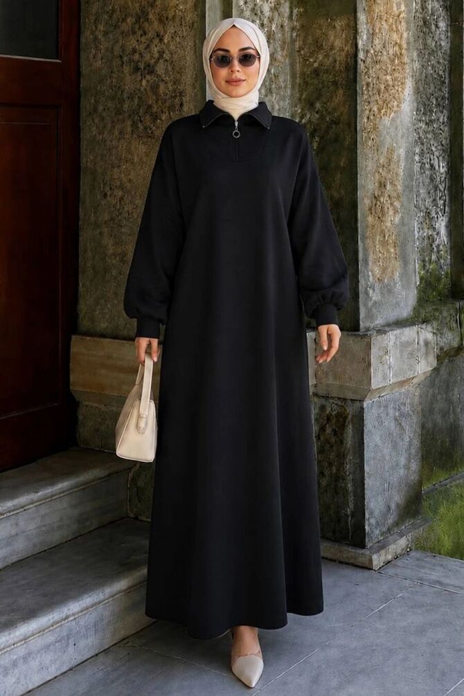 Zipper Collared Plain Black Modest Knit Dress 30071S - 1