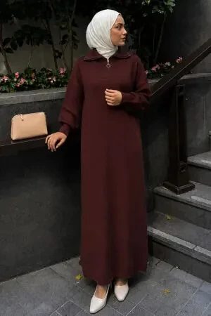 Zipper Collared Plain Brown Modest Knit Dress 30071KH 