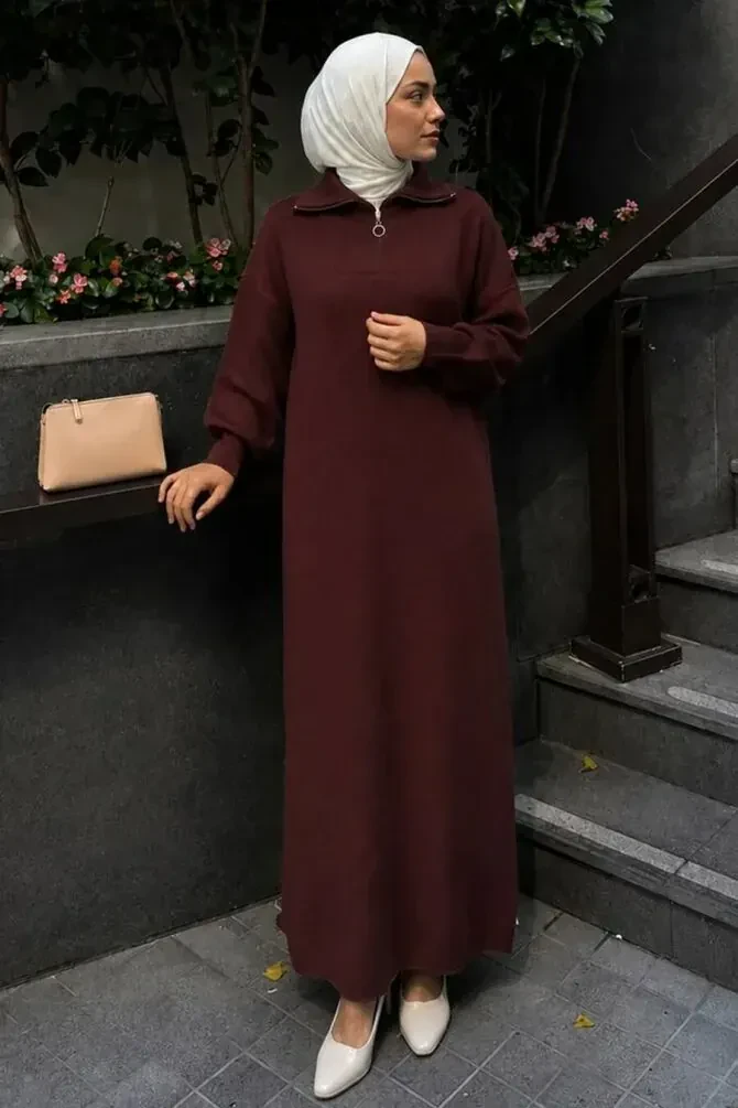 Zipper Collared Plain Brown Modest Knit Dress 30071KH - 1