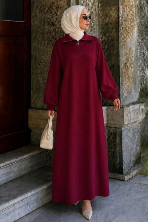 Zipper Collared Plain Cherry Modest Knit Dress 30071VSN 