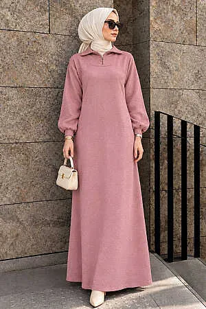 Zipper Collared Plain Dusty Rose Modest Knit Dress 30071GK 