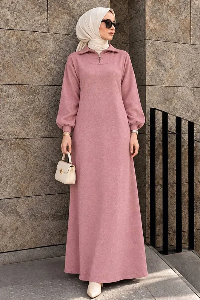 Zipper Collared Plain Dusty Rose Modest Knit Dress 30071GK - 1