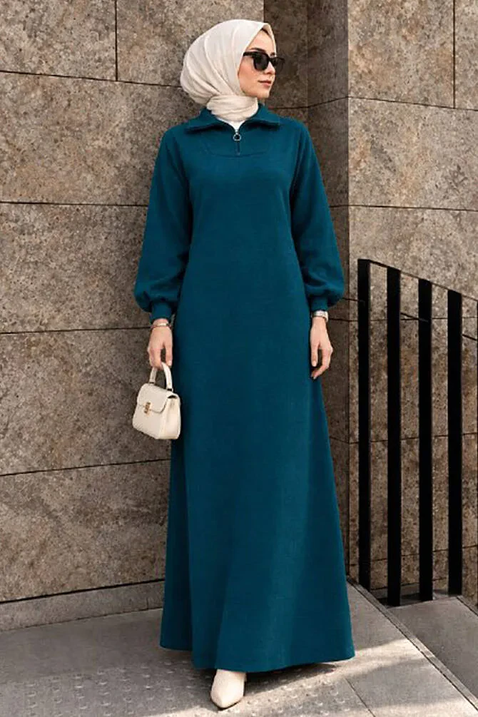 Zipper Collared Plain Emerald Green Modest Knit Dress 30071ZY - 1