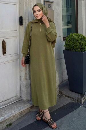Zipper Collared Plain Olive Green Modest Knit Dress 30071YY - 1