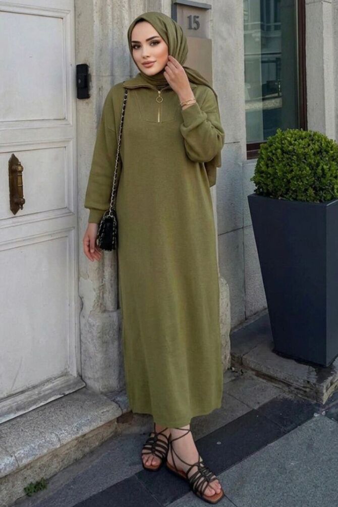 Zipper Collared Plain Olive Green Modest Knit Dress 30071YY - 1