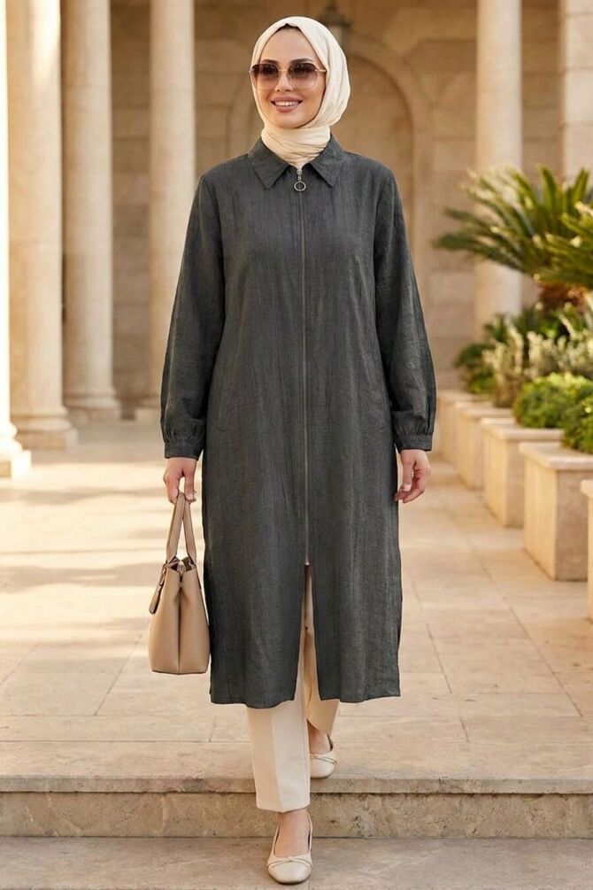 Zippered Black Modest Long Jacket 15512S - 1