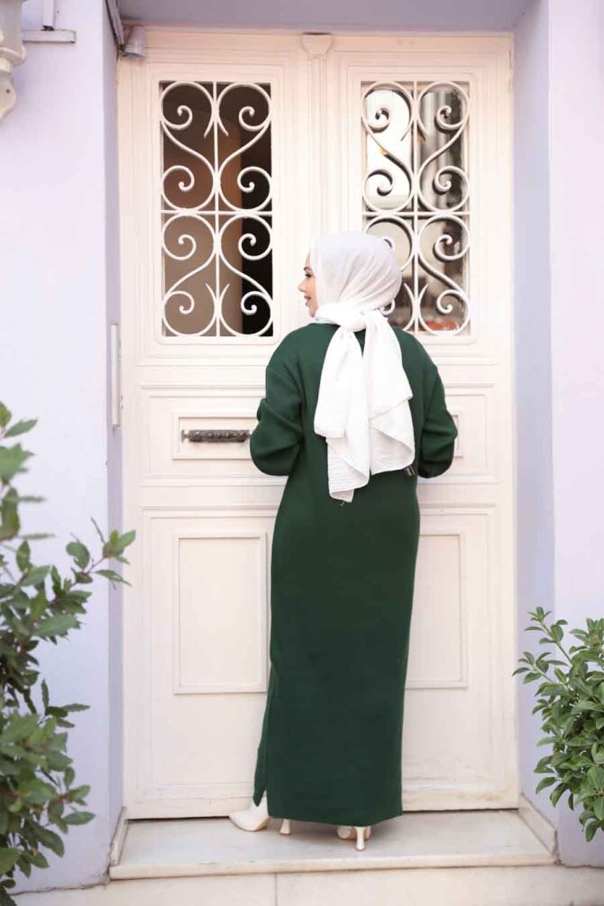 Zümrüt Yeşili Tesettür Triko Elbise 17205ZY - 4