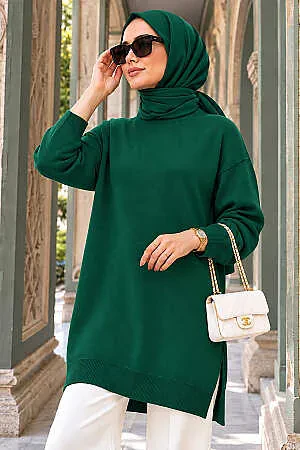 Zümrüt Yeşili Tesettür Triko Kazak Tunik 17203ZY 