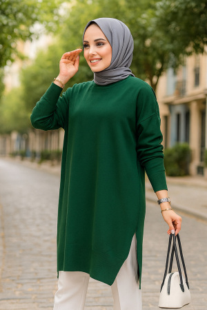 Zümrüt Yeşili Tesettür Triko Kazak Tunik 17203ZY - NEVA STYLE