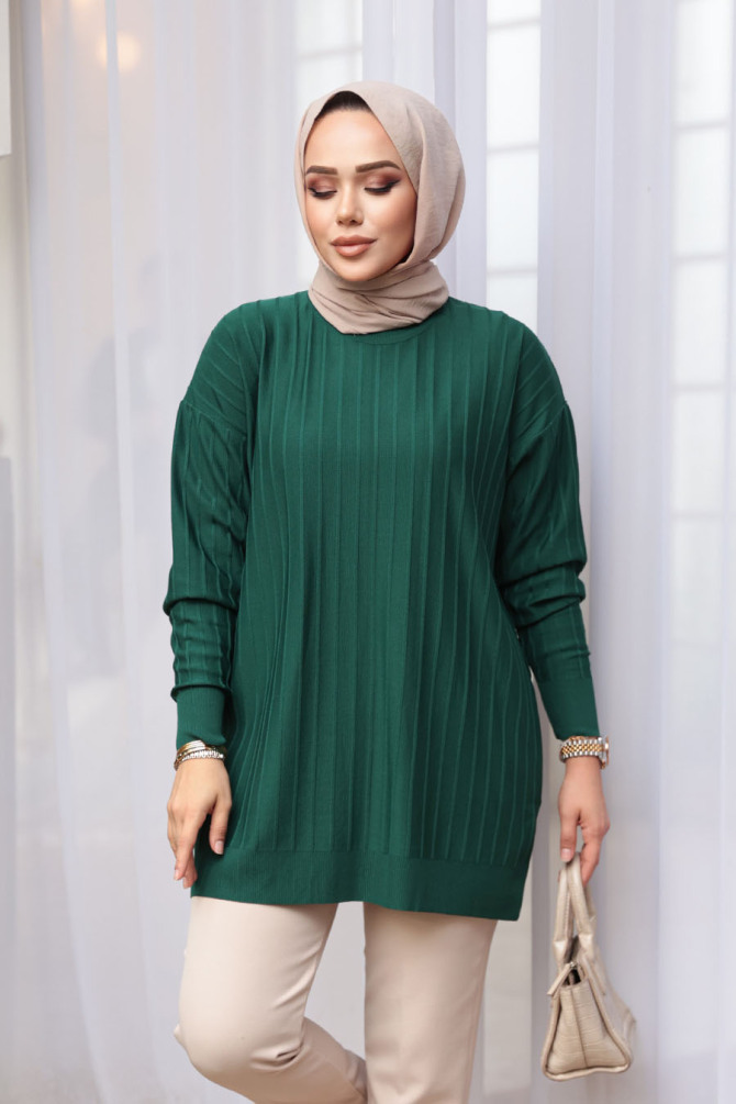 Zümrüt Yeşili Tesettür Triko Kazak Tunik 17210ZY - 3