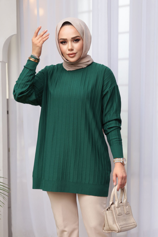 Zümrüt Yeşili Tesettür Triko Kazak Tunik 17210ZY - N.S NEVA STYLE